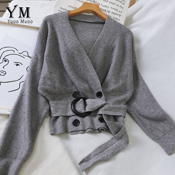 

yuoomuoo ins fashion 2019 elegant v neck double-breasted sashes cardigan women autumn knitted harajuku sweater ladies jumpers t200101, White;black