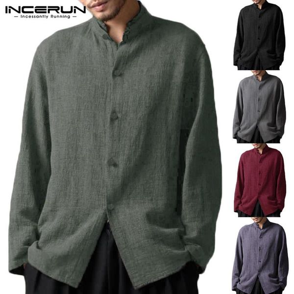 

incerun chinese style men shirts long sleeve stand collar loose cotton shirts social camisa masculina vintage brand s-5xl, White;black