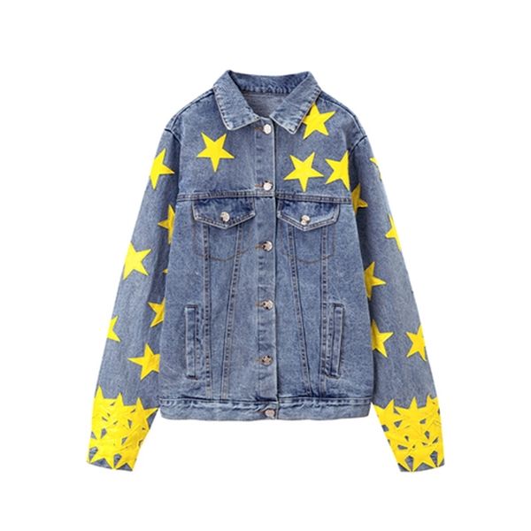 

2021 new autumn light blue denim jacket stars woman luxury designer clothes kpop style, Black;brown