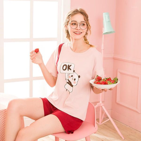 

2019 summer short sleeved pajamas set women ms loose house clothes ladies cotton high-grade sleepwear suit cartoon home clothing1, Black;red