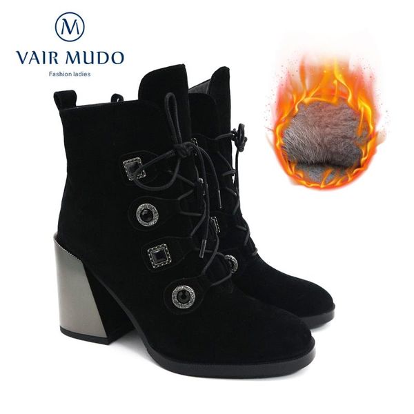 

vair mudo ankle boots shoes women high heels thick black autumn winter boots lace up short plush kid suede wool comfortable dx28