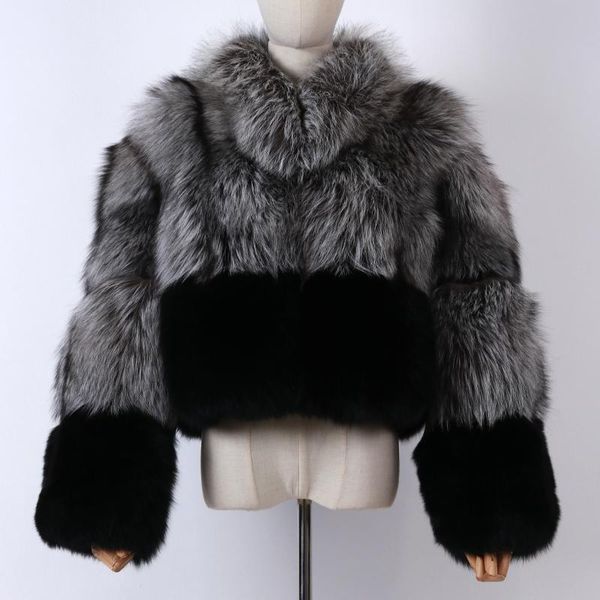 

women's fur & faux collar mandarin women real ladies natural silver jacket, Black