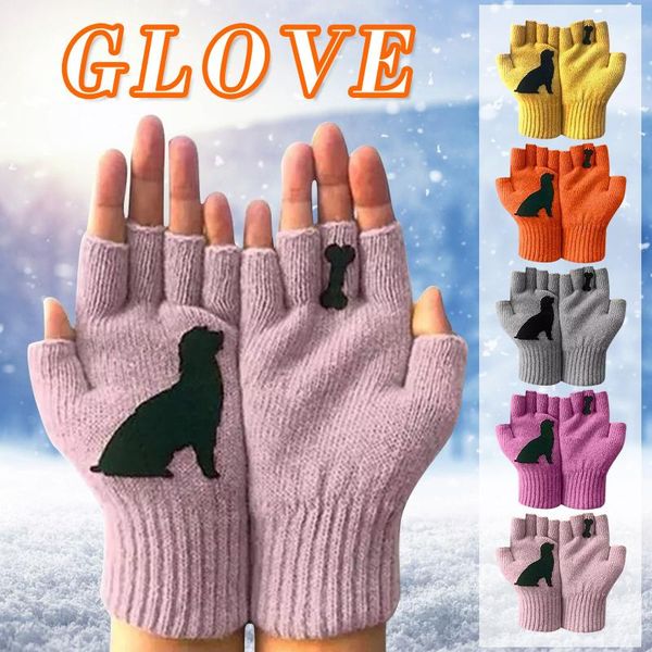 

womens knitted fingerless gloves winter thick cartoon cat print mittens outdoor knitted dog bones print gloves men b29, Blue;gray