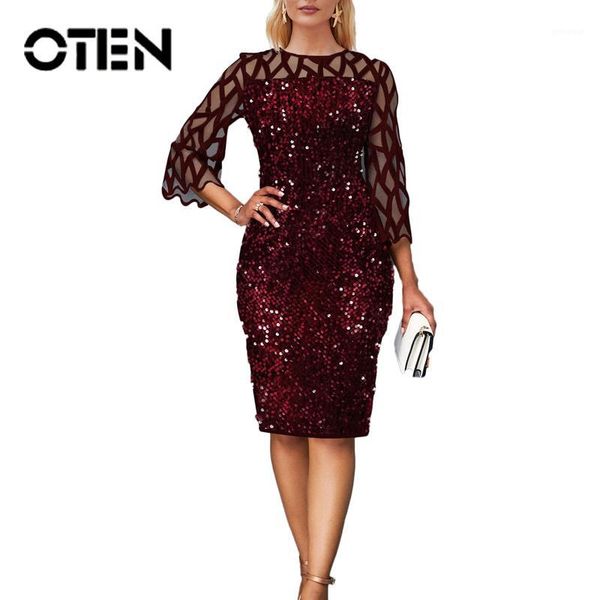 

oten elegant sequin new 2020 spring o-neck women dresses pencil split party toast patchwork 3/4 sleeves lace ladies slim1, Black;gray