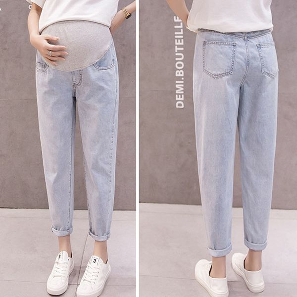 

denim haren pants maternity jeans for pregnant women clothes loose casual trousers boyfriend jeans pregnancy pants clothing c1002, White
