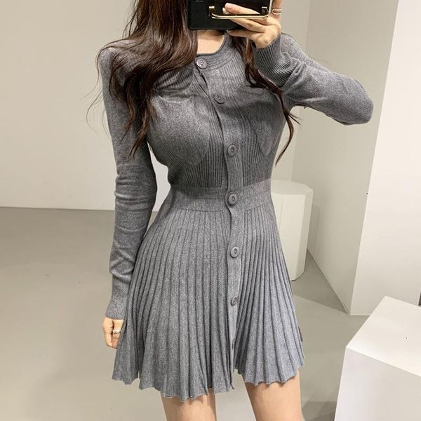 

woman knitting dress o neck single button slim waist 2019 fashion solid color autumn winter dresses, Black;gray