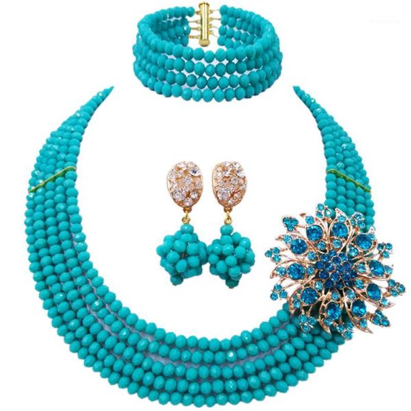 

majalia classic fashion nigeria wedding africa beads jewelry set aqua blue necklace bracelet bridal jewelry sets mh-031, Silver