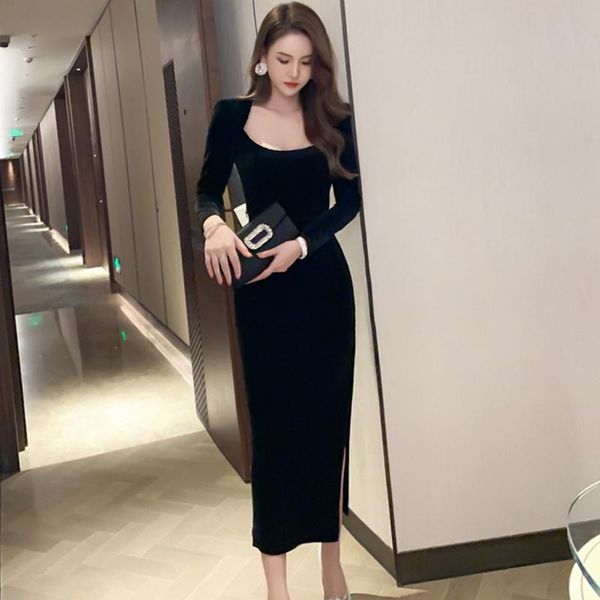 

new arrival fashion women temperament party night club dress vintage velvet with bow backless square neckline slim dress, Black;gray