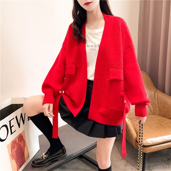 

2021 new female korean fashion with loose-v cleavage cardigan knitted shirt long-sleeved feminine jumper winter 6sok, White;black