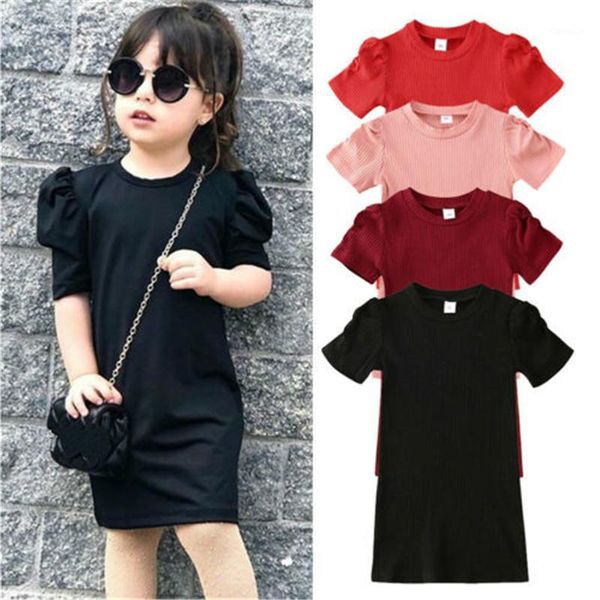 

girl's dresses 2-6t toddler kid baby girl dress summer puff short sleeve o-neck stretchy solid straight casual knitted outfits 4 colors, Red;yellow