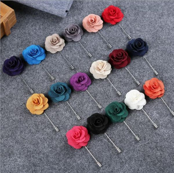 Moda Lapela Flor Broche Homem Mulher Camélia Feito à Mão Boutonniere Stick Broche Pin Acessórios Masculinos em 16 Cores Atacado