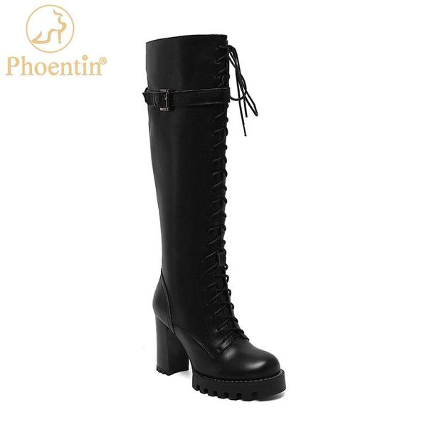 

boots phoentin women designer genuine leather high knee riding autumn winter zipper heels platform round toe shoes ft1280, Black
