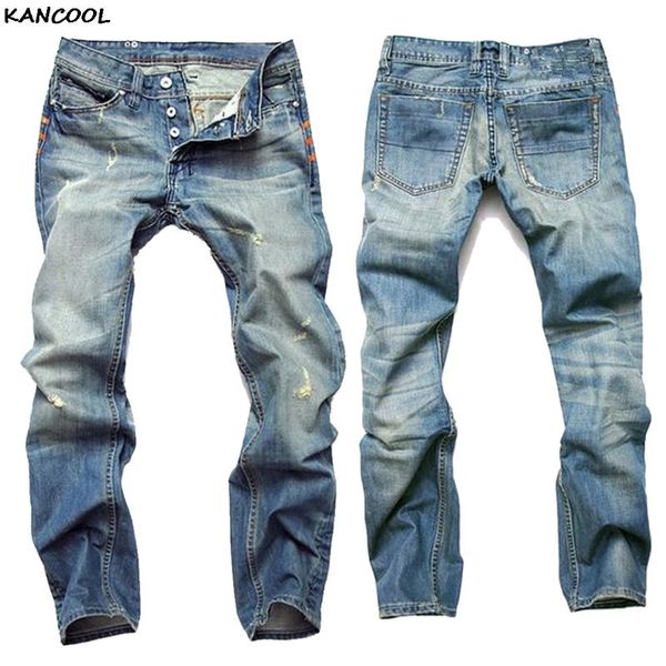 

kancool fashion men light blue distressed washed denim jeans vintage straight slim fit hommes cowboys trousers button jean pants