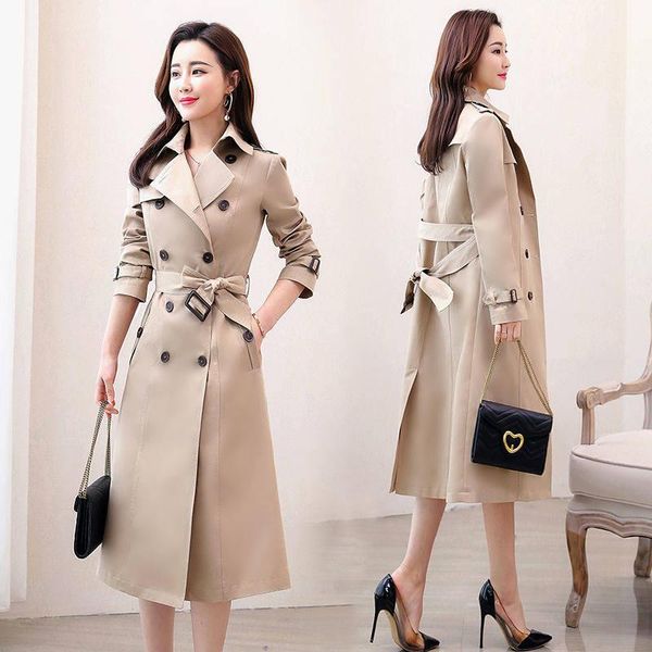 

women's trench coats autumn windbreaker women double breasted long coat with belt clothes, Tan;black