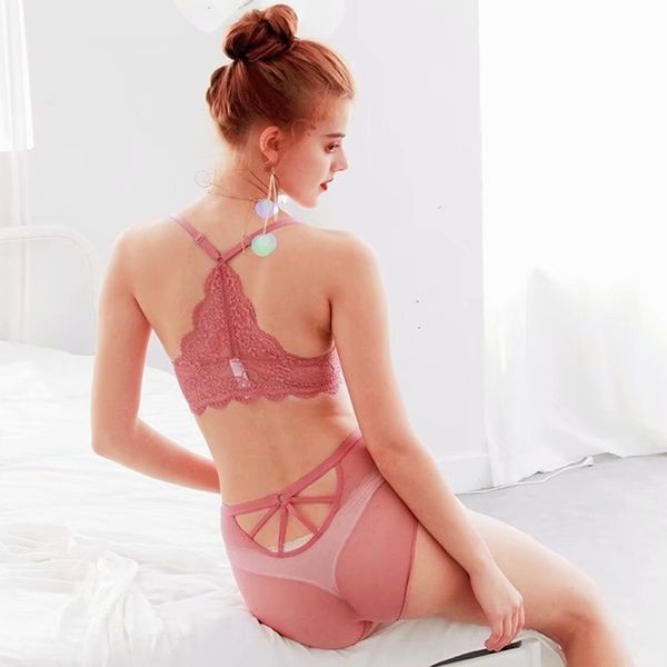 

floral front closure backless push up bra set medium padded lace mesh high-waist panties underwear women lingerie y200415, Red;black
