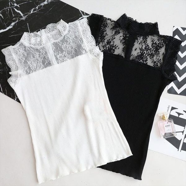

fashion streetwear women hollow out lace black and white color sleeveless ice silk knitted camisole