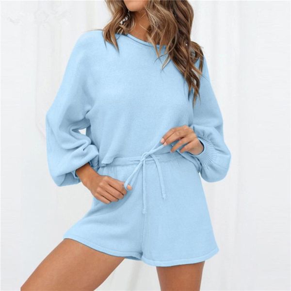 

2 pcs/set women set autumn o neck puff sleeve loose tee casual lace up shorts solid color female outfits, Gray