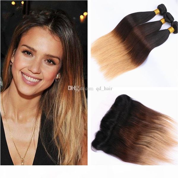 

honey blonde 1b 4 27 silky straight human hair bundles with lace frontal 13x4 ear to ear frontal with ombre hair extension, Black;brown