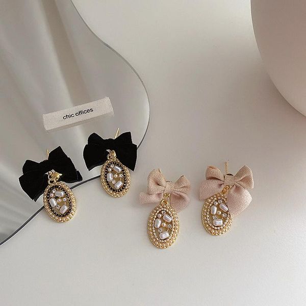 

dangle & chandelier vintage black/pink fabric bowknot freshwater pearl earrings for women korean elegant hollow round drop party jewelry, Silver