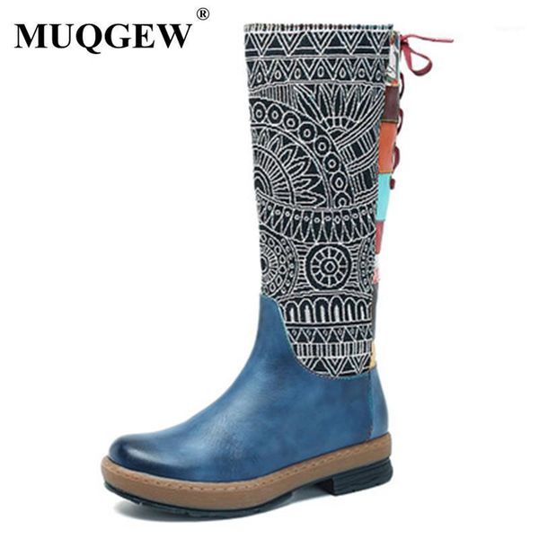 

boots vintage mid-calf women shoes bohemian retro genuine leather motorcycle printed side zipper back lace up botas 36-421, Black