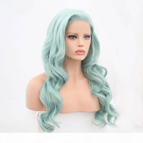 

synthetic body wave lace wig blue green glueless heat resistant fiber hair lace front wigs natural hairline side part for women, Black