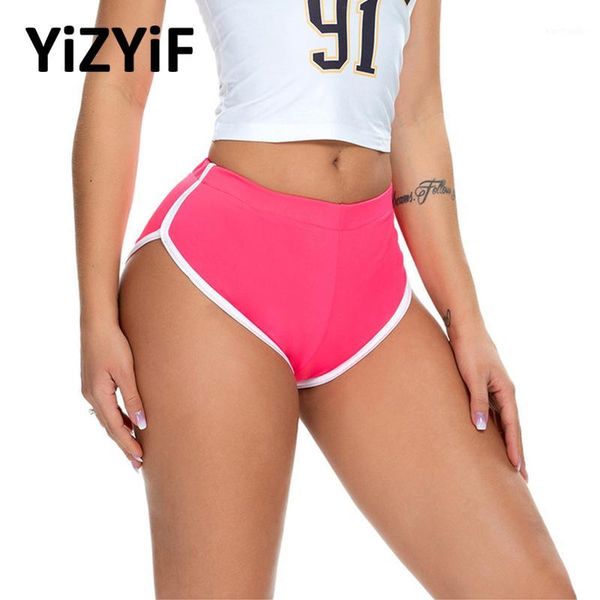 

yoga outfits fitness women booty shorts sportswear summer mid-rise elastic waistband white edge sports gym workout dolphin1, White;red