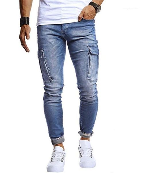 

trousers mens skateboard washed jeans big pocket slim fit regular pencil pants homme zipper fly casual, Blue