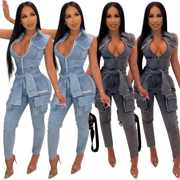 

fashionable women jeans jumpsuits new sleeves lace up design deep v neck sleeveless zipper pockets skinny casual denim jeans, Blue