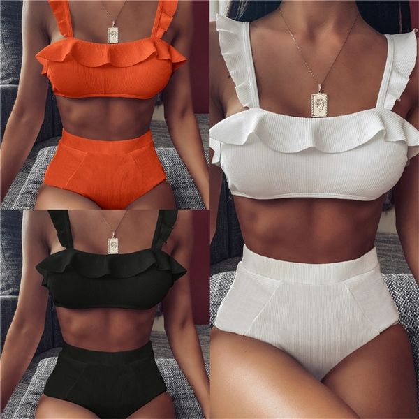

women solid ruffle push-up padded bra beach bikini set high waist swimsuit for women swimwear biquini t200508, White;black