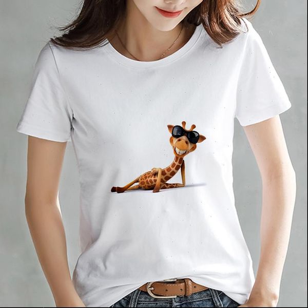 

new kawaii giraffe printed women t shirts summer funny cute short sleeves shirts brand casual femme tees, White