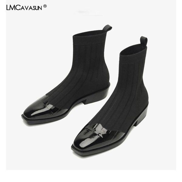 

lmcavasun new spring boots stitching patent leather square toe low-heel socks boots women, Black