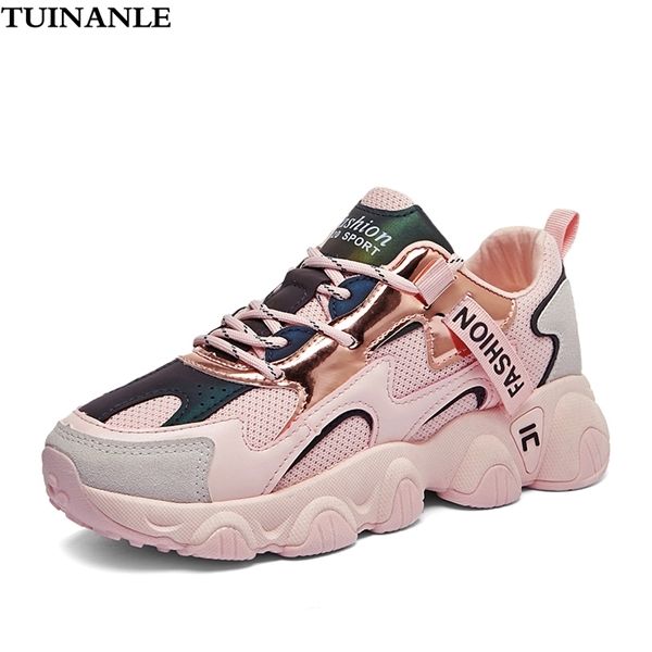 

tuinanle chunky sneakers 2020 women female fashion sneakers lace-up basket femme dad platform breathable mesh sneakers for women 1020, Black;white