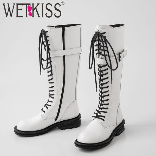 

wetkiss motorcycle boots women cow leather mid-calf boot thick heels shoes female cross tied round toe army shoes ladies winter, Black