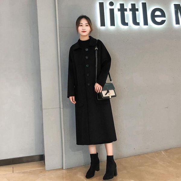 

women 2020 spring autumn new single breasted square collar outwear female loose coat ladies double-faced solid woolen jacket l781, Black