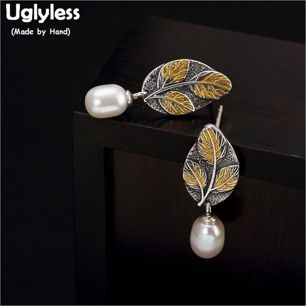 

uglyless s 925 sterling silver leaves dangle earrings vintage ethnic women handmade plant earrings natural pearls jewelry exotic
