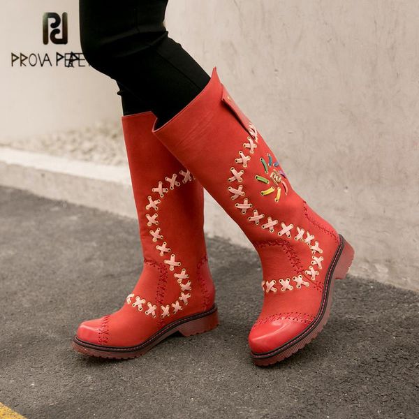 

prova perfetto fashion red women high boots handmade riding boots ladies flat snow botas mujer platform rubber shoes woman, Black