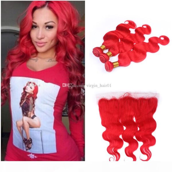 

red peruvian hair bundles with frontal closure #red color body wave 13x4 pre plucked lace frontal with human hair weaves, Black;brown