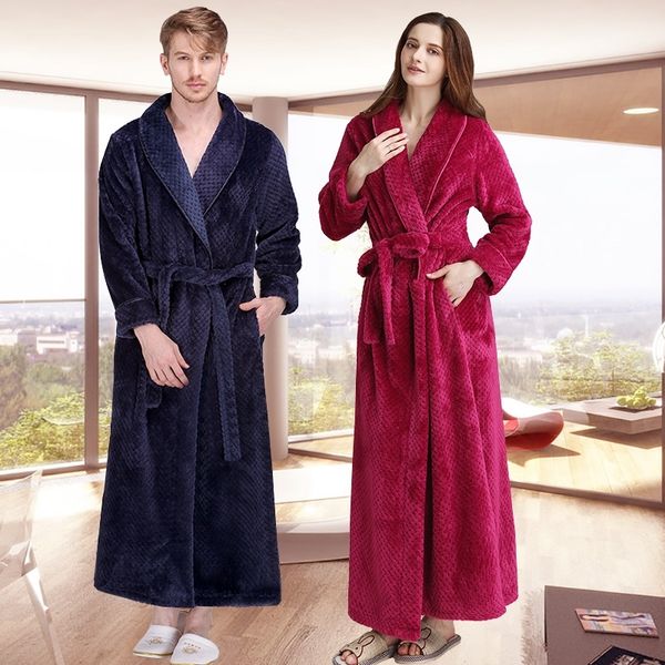 

women winter extra long thick grid flannel bath robe soft peignoir warm dressing gown men bathrobe bridesmaid wedding robes 210203, Black;red