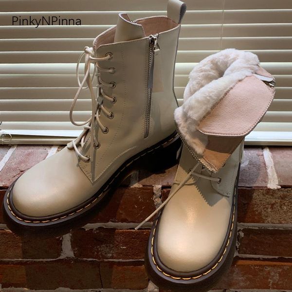 

2020 winter women full genuine leather warm wool lining snow outdoor ankle boots thick platform non-slip punk style young shoes, Black