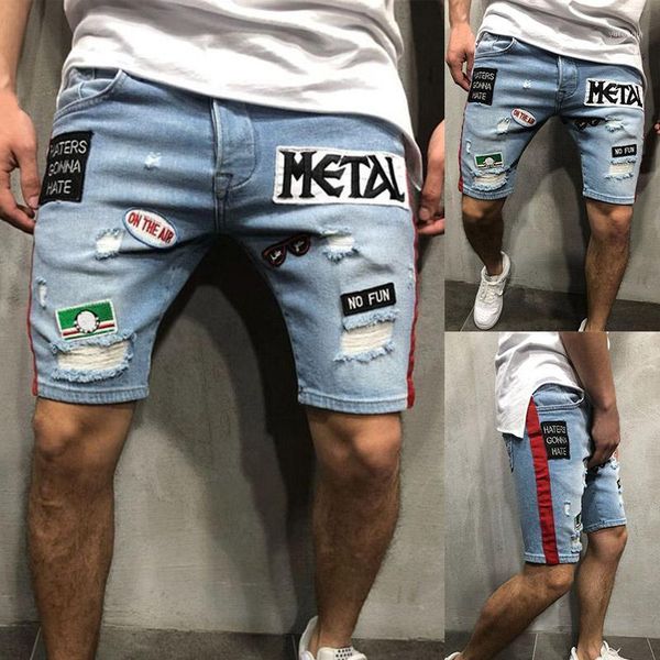 

men denim shorts embroidery hole slim fit casual half pants for summer h91, White;black