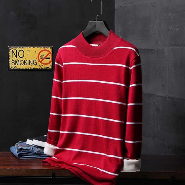 

men's sweaters simple and comfortable autumn winter high-quality round neck knit velvet warm striped basic sweater, White;black