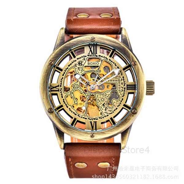 

hollow watch automatic mechanical belt watch bronze watch, Slivery;brown