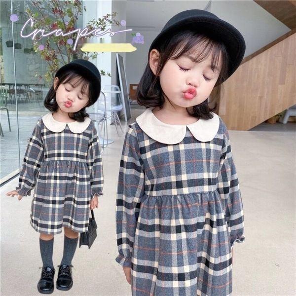 

huklz autumn 2020 children's dress long girls dress children's fashion white doll lapel navy plaid wear sleeve doll 7bmy0, Black;gray