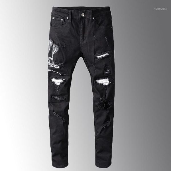

2020 men's snake embroidered black ripped jeans slim skinny holes patchwork stretch denim pants fashon black mens jeans1, Blue