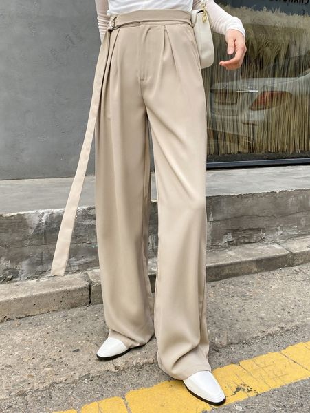 

dazy buckle waist fold pleated pants y8cq#, Black;white