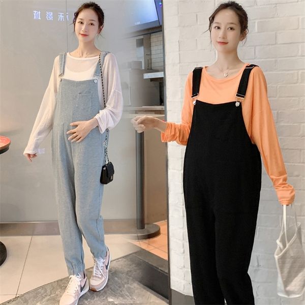 

1965# autumn casual knitted cotton maternity bib pants loose jumpsuits clothes for pregnant women pregnancy overall pants lj201120, White