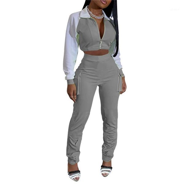 

pd women clothes outfit long sleeve lapel short + long pants with pockets 2pcs set women track suit sweat suit set1, Gray