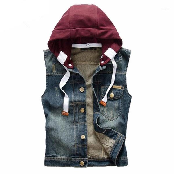 

2020 men's denim vest slim fit korean sleeveless jacket w/hat cowboy men vest washed jeans man brand new fashion tank, Black;white