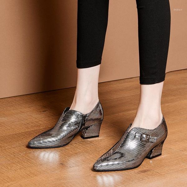 

dress shoes nightclub pointed toe genuine leather pumps fashion plaid buckle zipper glitter silver blue chunky medium with women's, Black