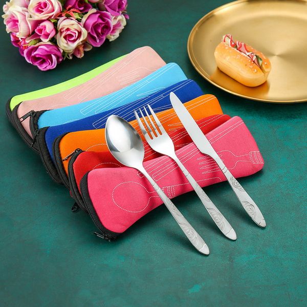 3pcs / Set New Fork Spoon Coltello DinnerWare Set da viaggio Posate in acciaio inox Borsa da cloth Portabicchieri Imballaggio Attività all'aperto Strumenti